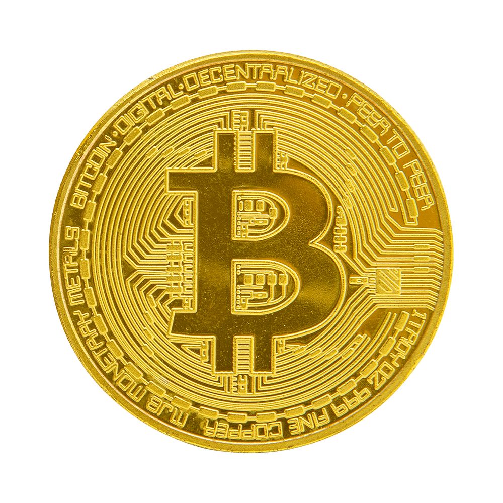 A shiny gold Bitcoin coin with intricate digital patterns. Bitcoin symbol in the center. Gold Bitcoin represents…