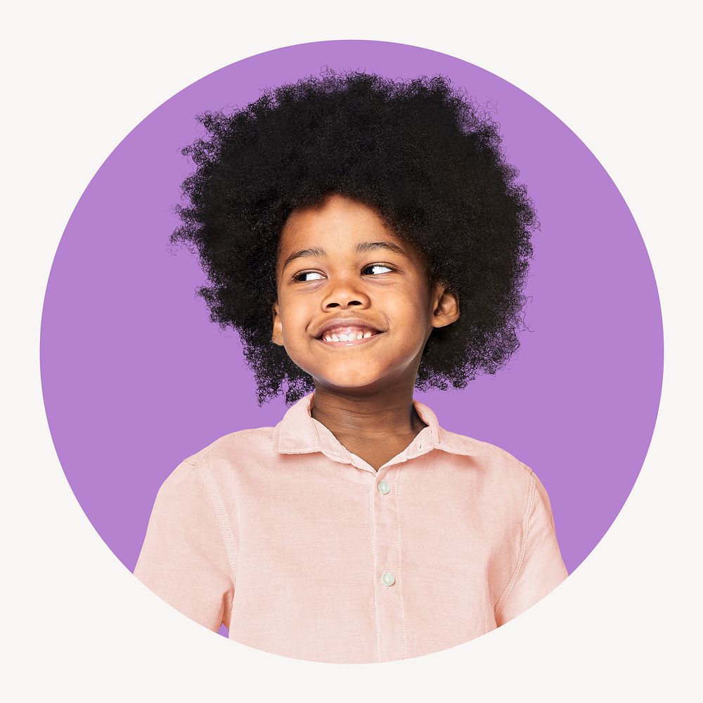 African kid circle shape badge, happy child photo