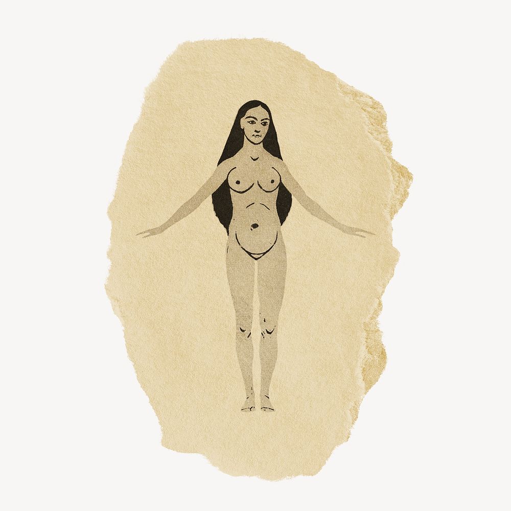 Naked woman vintage illustration on torn paper