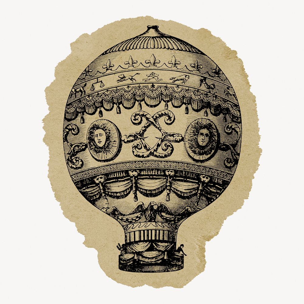 Air balloon illustration, vintage artwork, ripped paper badge