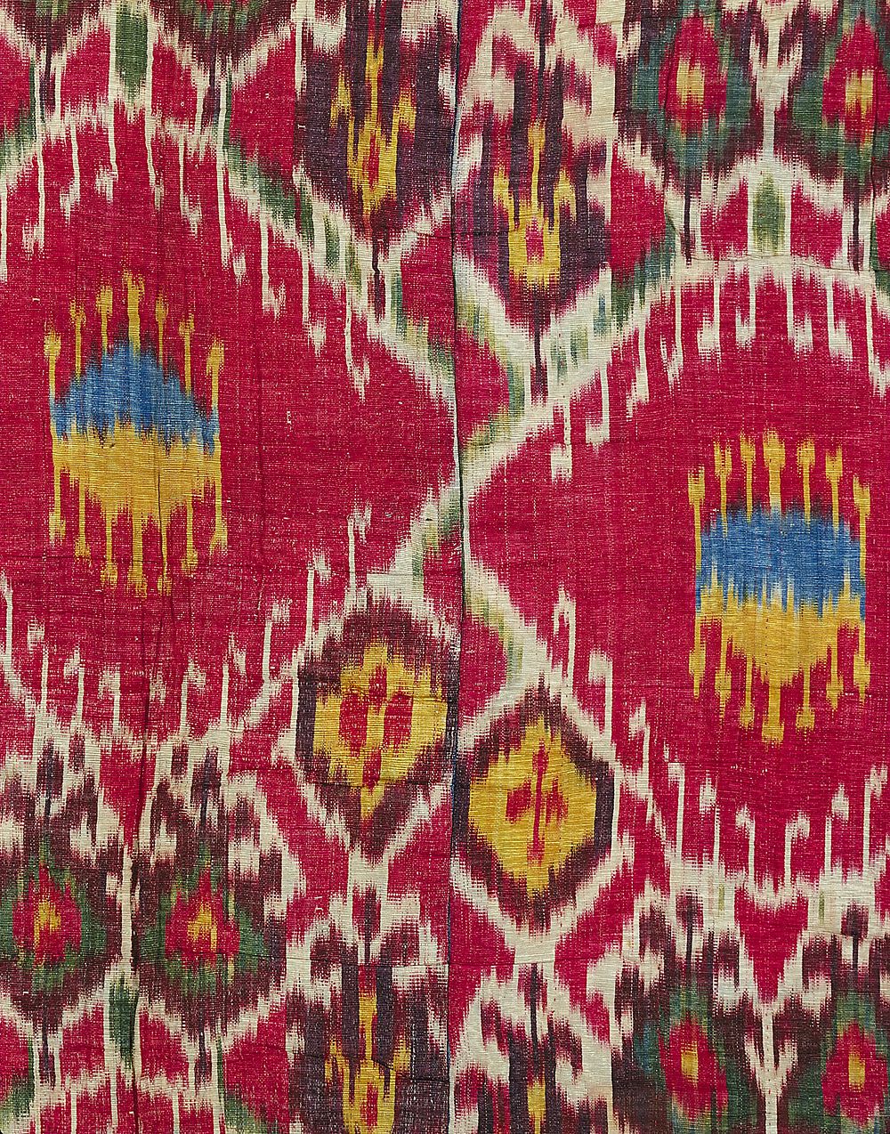 panel, Uzbeck, silk and cotton; warp ikat in green, yellow, white, blue and red; printed cotton backing. Original from the…