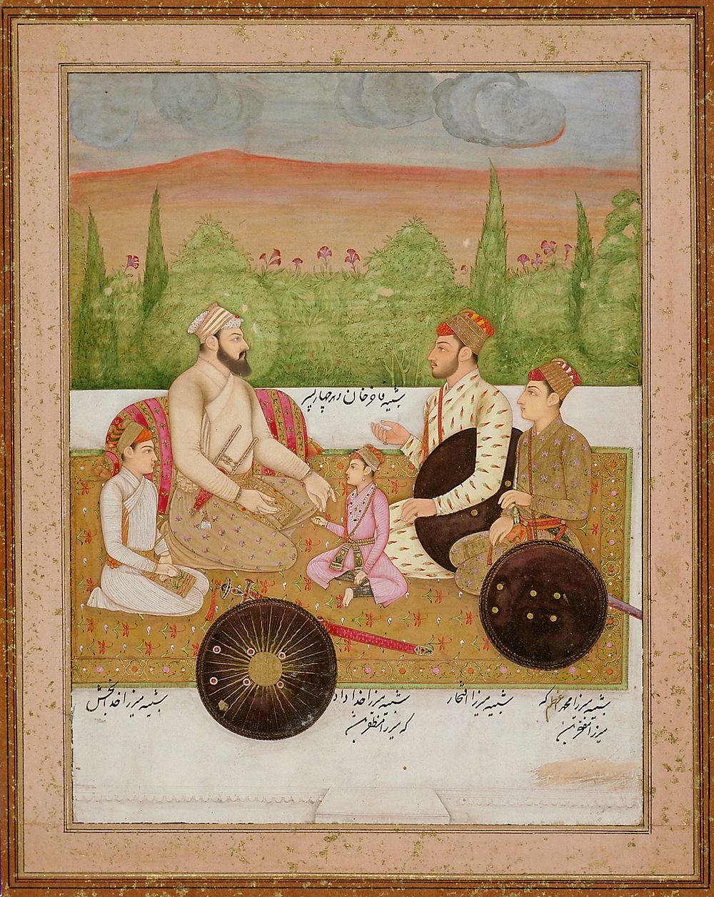 Fakir Khan, Mirza Iftikhar, Mirza Muhammad Azam, Mirza Khuda Bakhsh, and Mirza Khudabad on a floral rug on a terrace with…