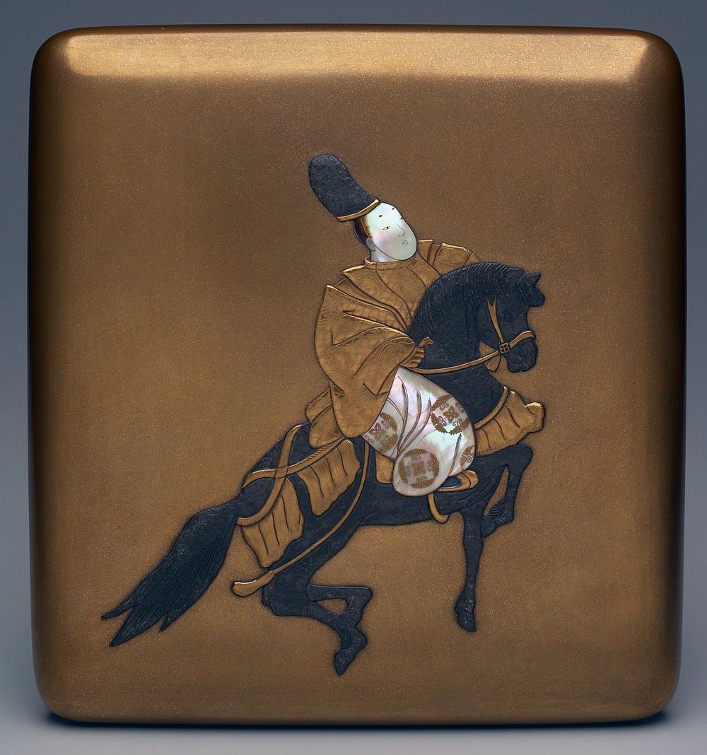 Gold lacquer box with inlaid decoration of man on horseback on top of cover and flowers and a footpath on underside of…