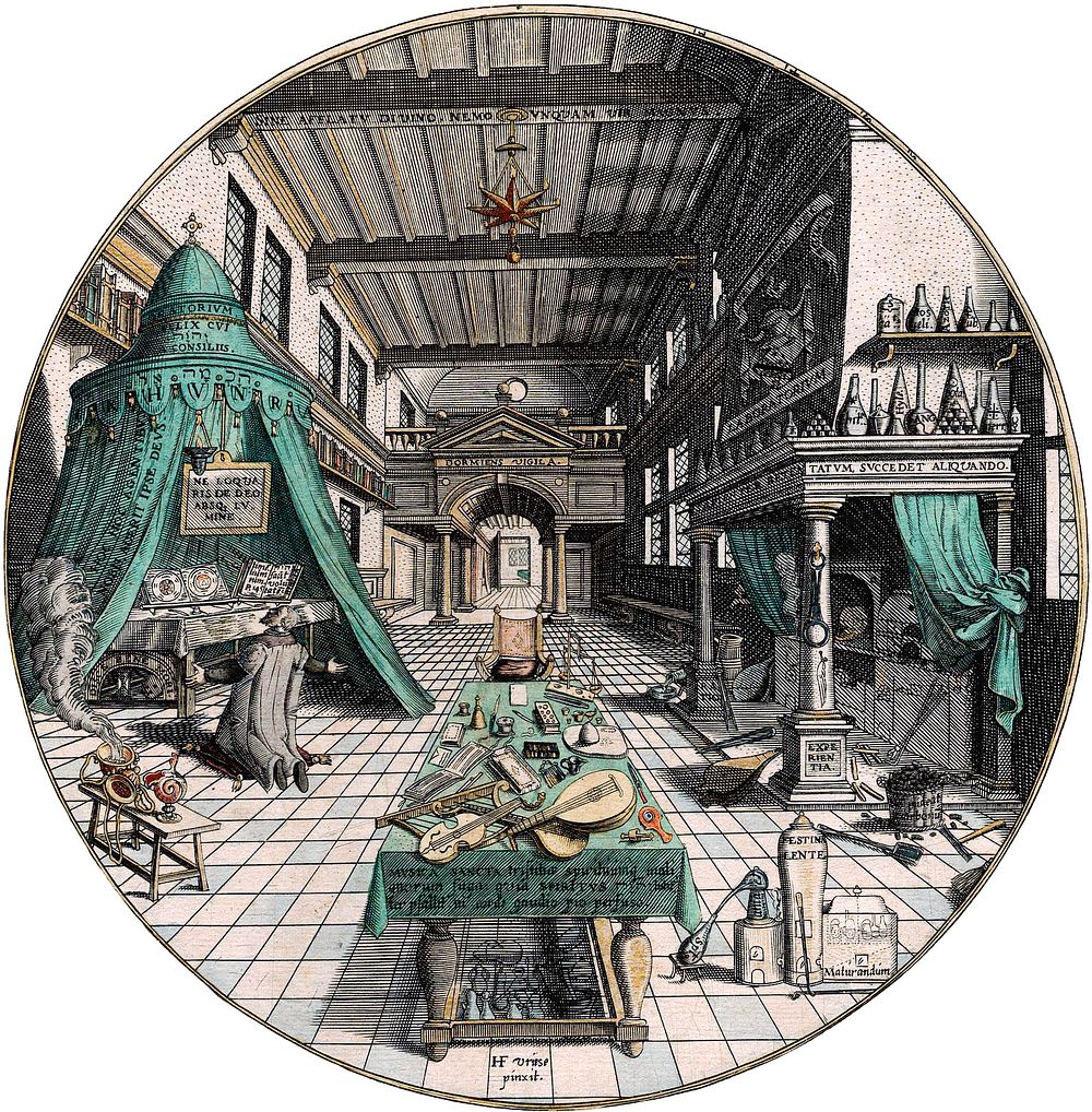 Alchemist's laboratory, engraving pictured in the book Amphitheatrum sapientiae aeternae written by Heinrich Khunrath