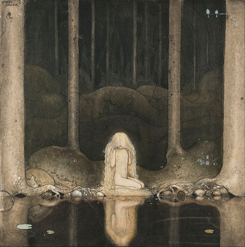 John Bauer - Princess Tuvstarr gazing down into the dark waters of the forest tarn. - Google Art Project