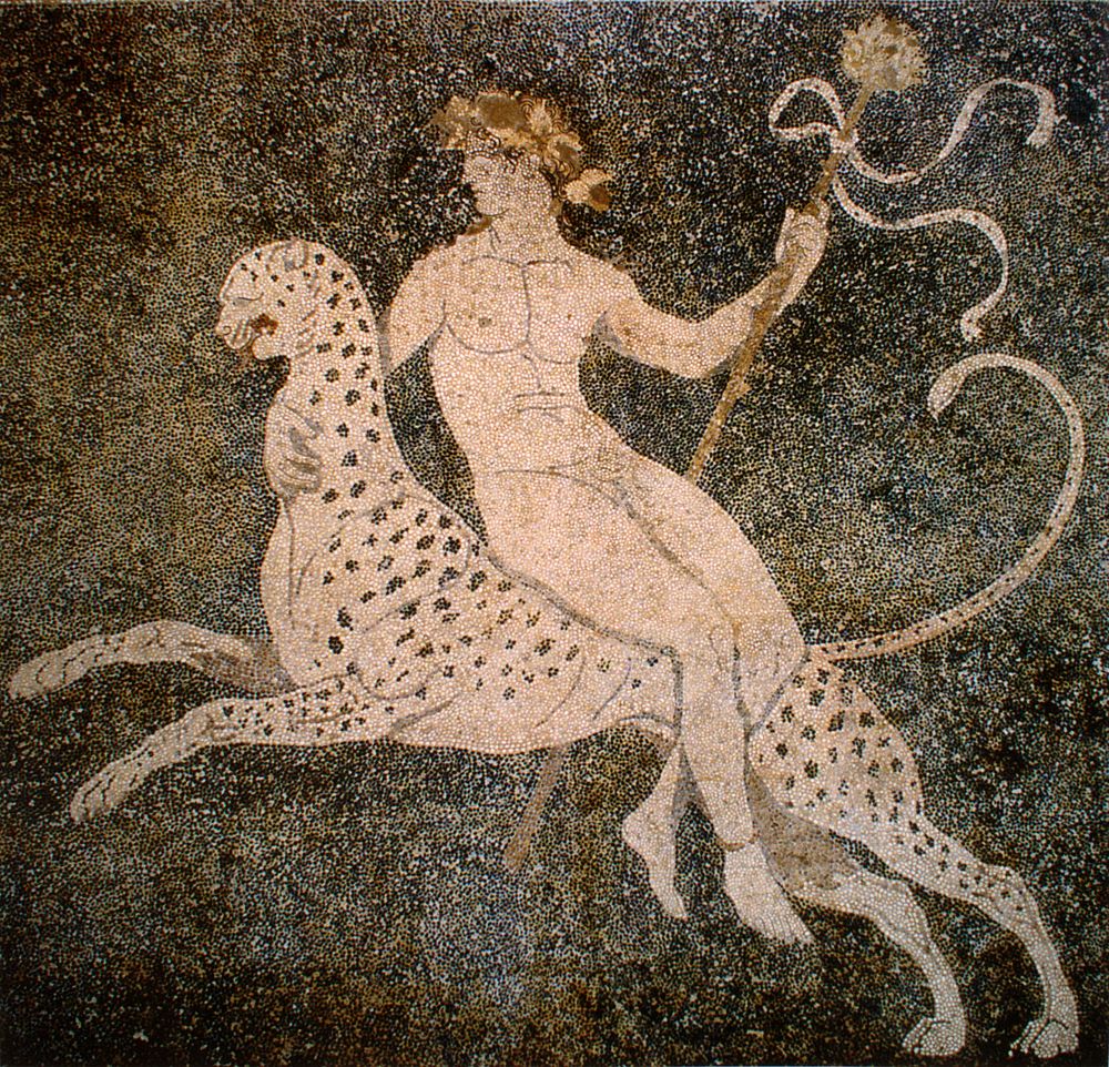 Dionysos on a cheetah, mosaic floor in the "House of Dionysos" at Pella, Greece. Pebbles, terracotta and lead. 2.70 x 2.65 m.