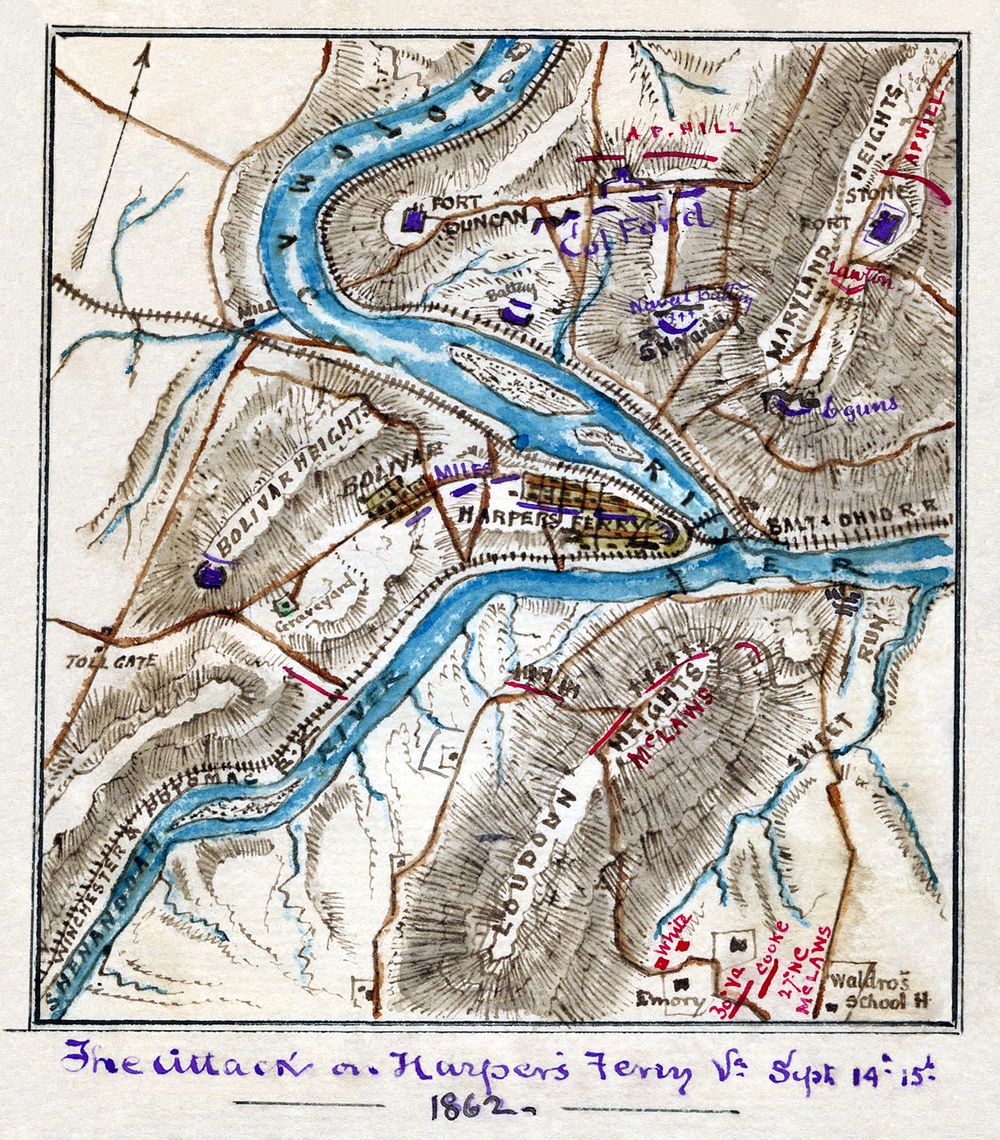Scan of a manuscript map by a Union Army mapmaker during the American Civil War. Shows the area surrounding Harper's Ferry…