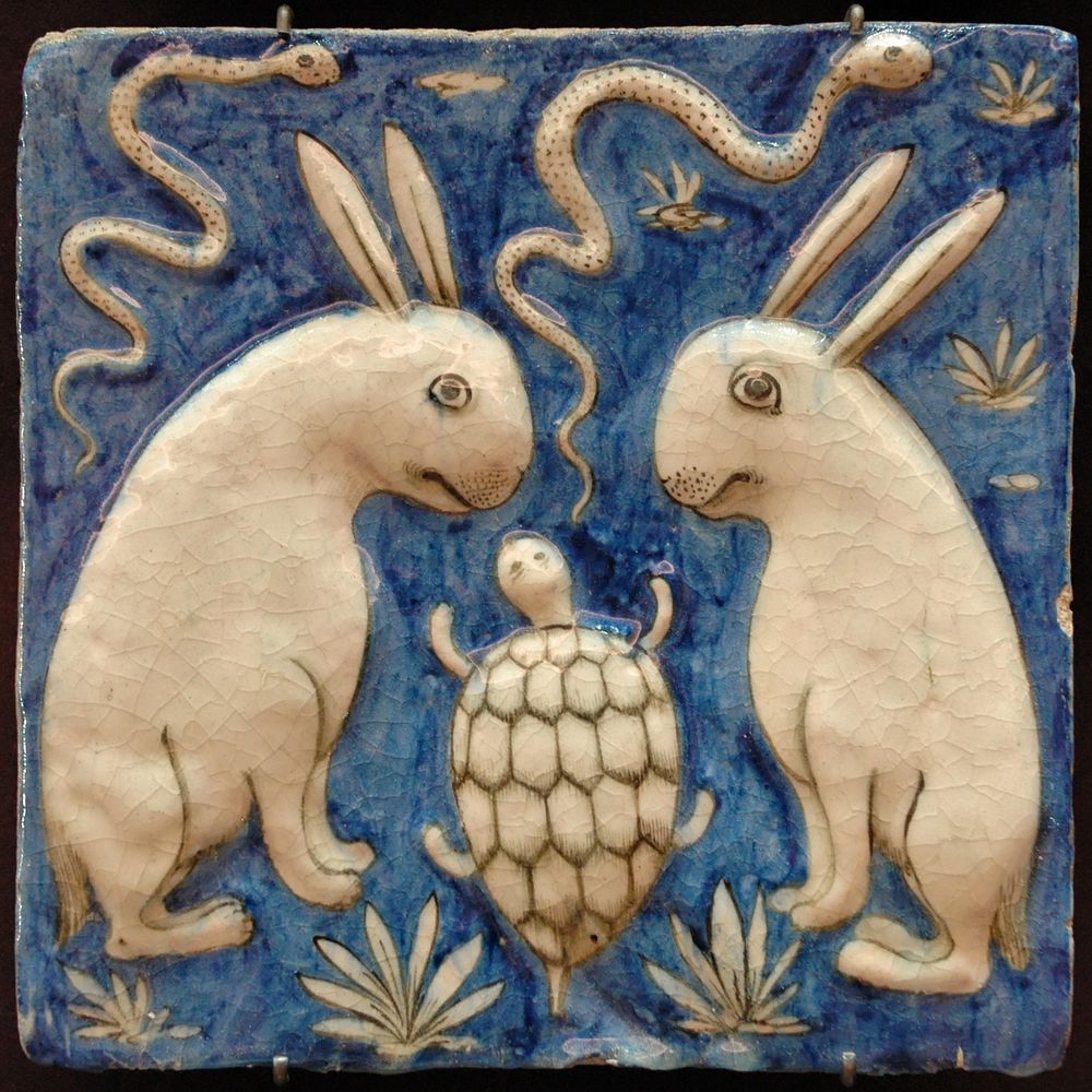 Tile with two rabbits, two snakes and a tortoise. Illustration for Zakariya al-Qazwini's book, Marvels of Things Created and…