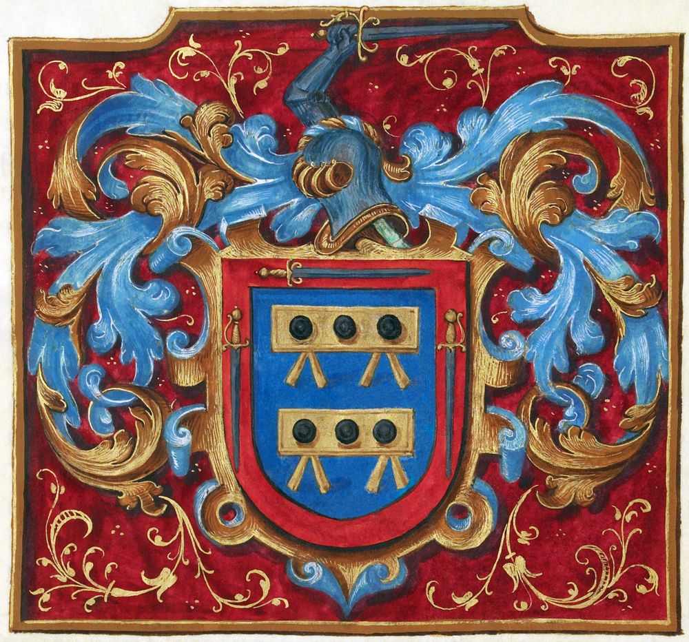 Coat of arms illustration from a grant of nobility from King Philip II of Spain to Alonso de Mesa and Hernando de Mesa.…