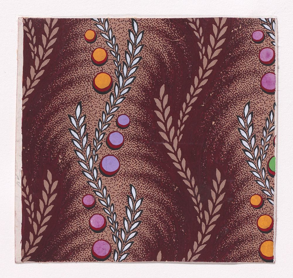 Textile Design with Alternating Vertical Stripes of Undulating Wheat Ears and Undulating Wheat Ears with Circles