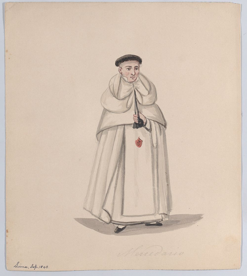 A priest from the Mercederian order (Order of Our Lady of Mercy), from a group of drawings depicting Peruvian dress