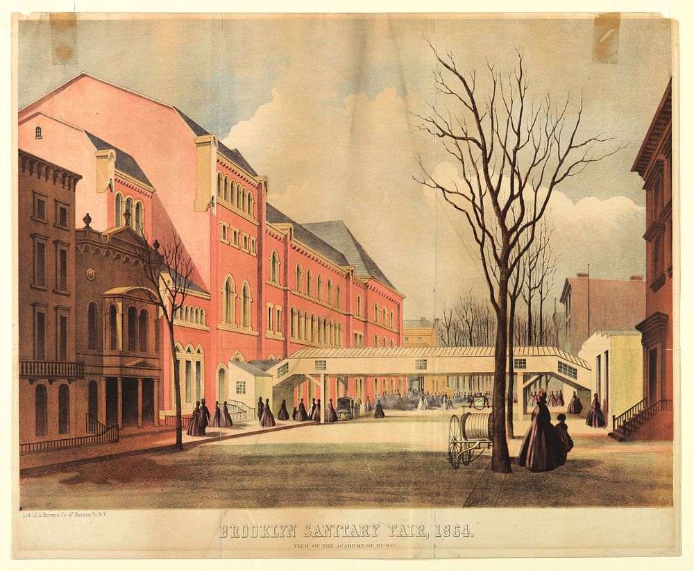 View of the Academy of Music and Brooklyn Sintary Fair Building with Connecting Bridge, A. Brown and Company