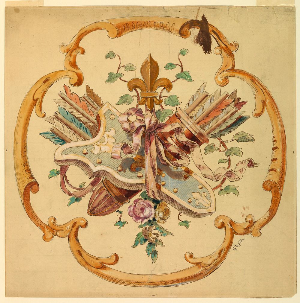 Design for the rest of a chair or a cushion, to be executed in tapestry by Alphonse de Neuville