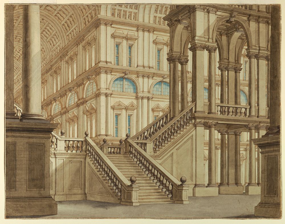 Stage Design; Palace Courtyard with Staircase by Antonio Galli Bibiena