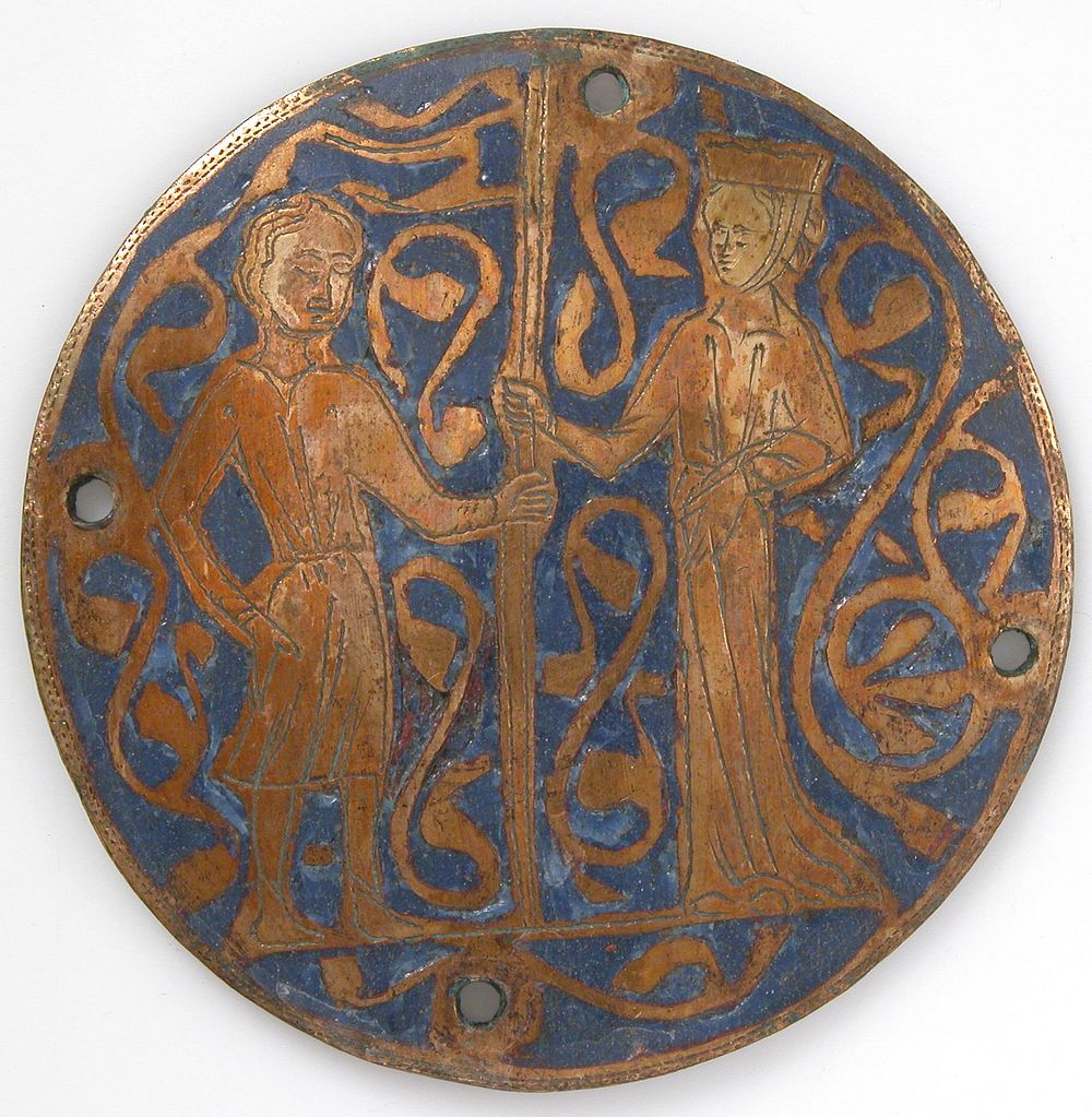 Medallion with man and woman holding standard