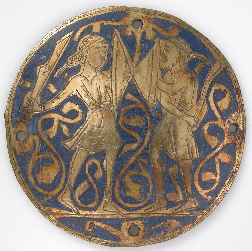 Medallion with Two Warriors, One Bearded, with Swords and Bucklers
