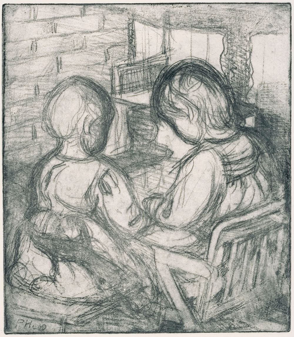 Girls by the fireplace, 1909