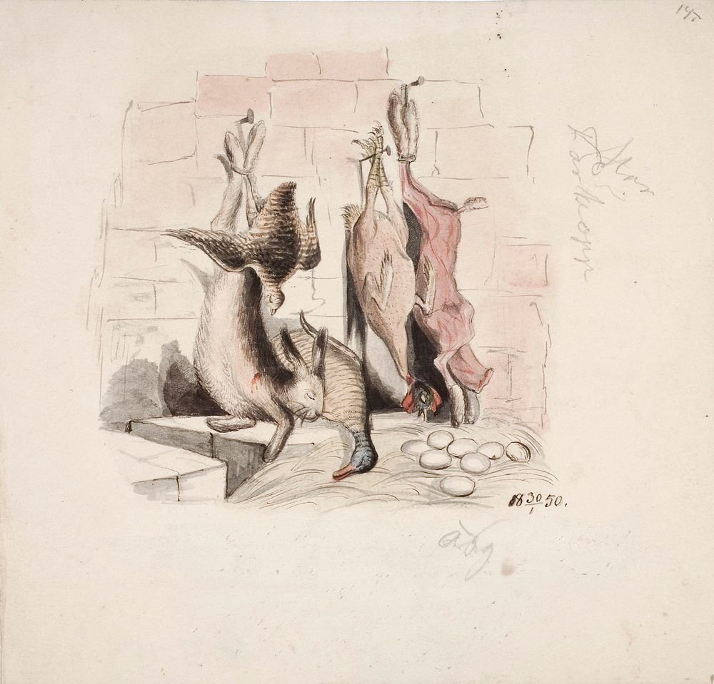 Asetelma, jossa on kuollut jänis, heinäsorsa, peltopyy, nyljetty jänis ja kana, 1850 by Anders Ekman