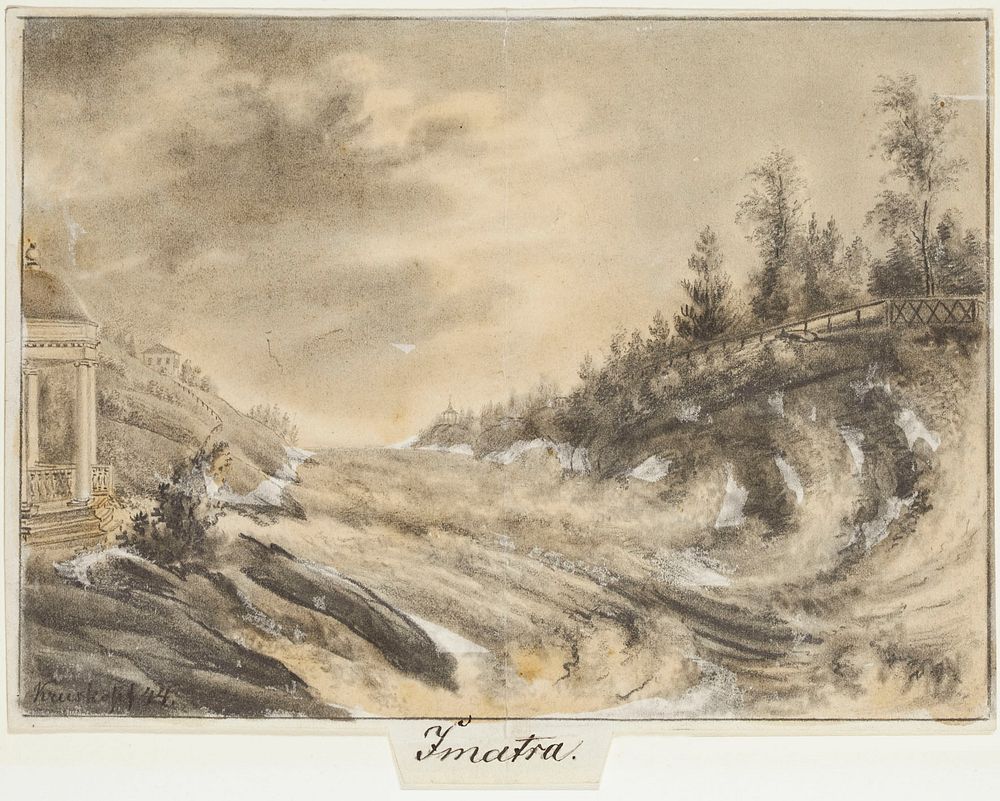 Imatra rapids, original drawing for finland depicted in drawings, 1844