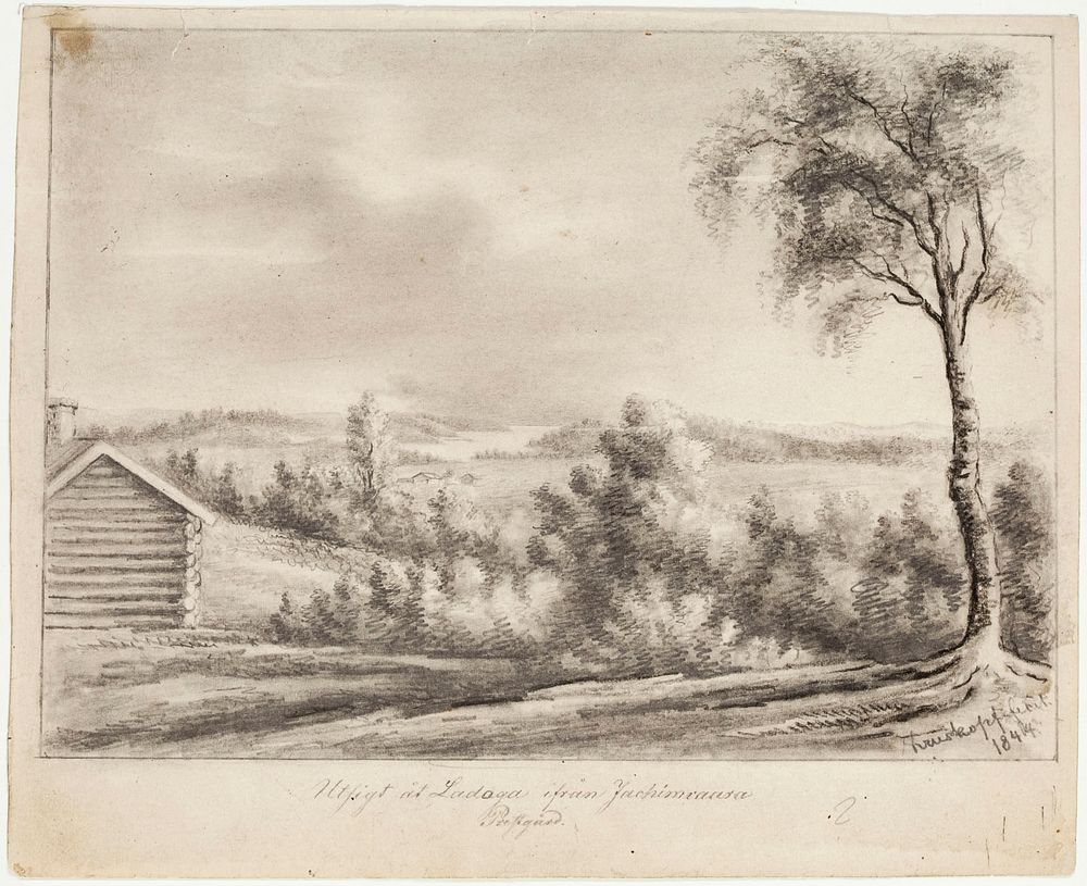 View from jaakkima parsonage over lake laatokka, original drawing for finland depicted in drawings, 1844