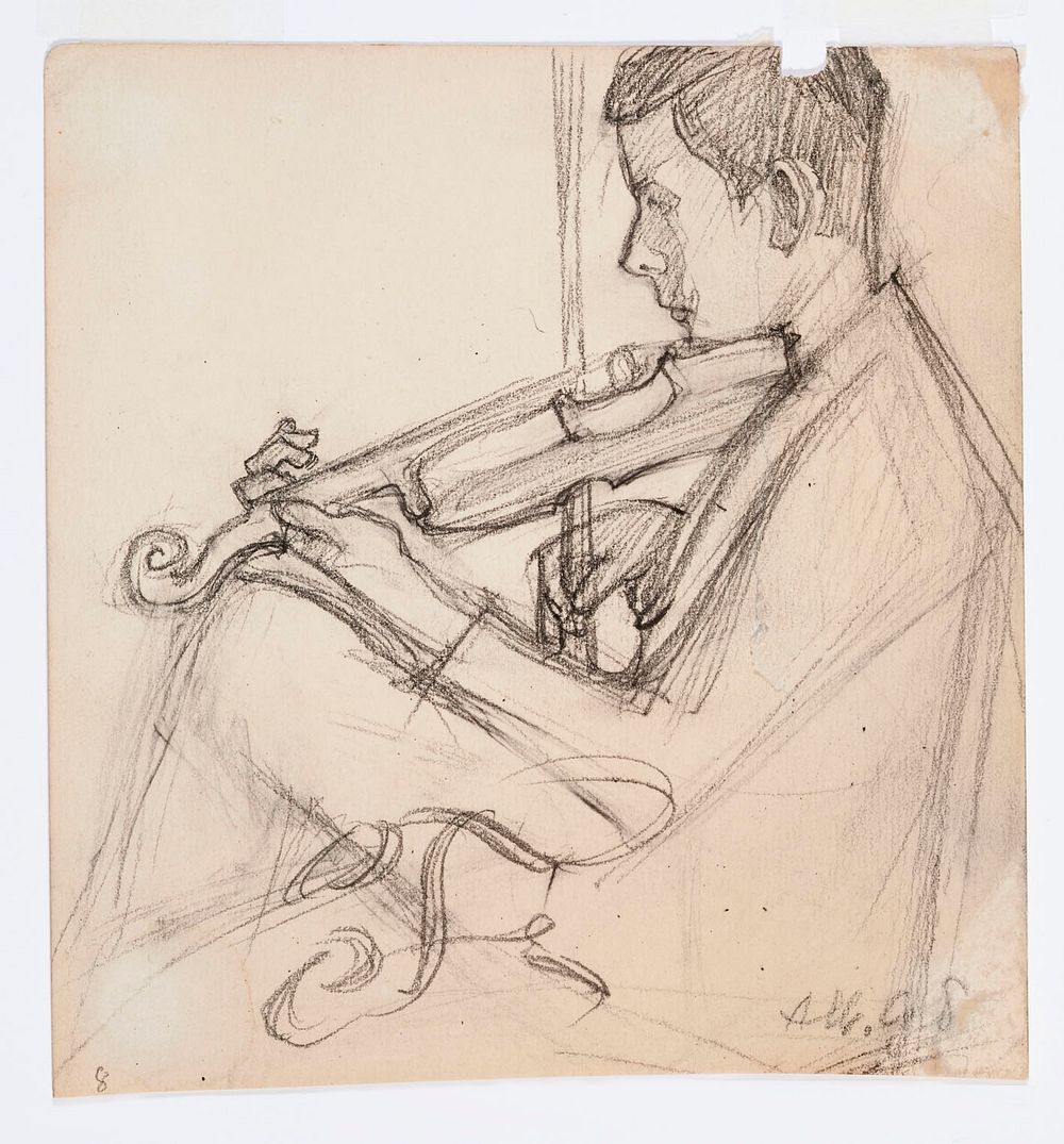 Istuva viulua soittava poika