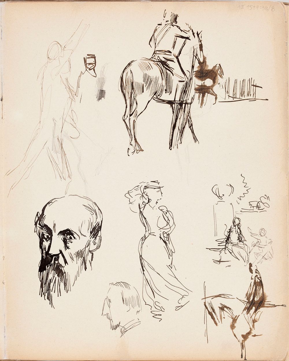 Carl snoilsky, svenska bilder -kirjan kuvitus, luonnoksia, 1880 - 1904 part of a sketchbook by Albert Edelfelt