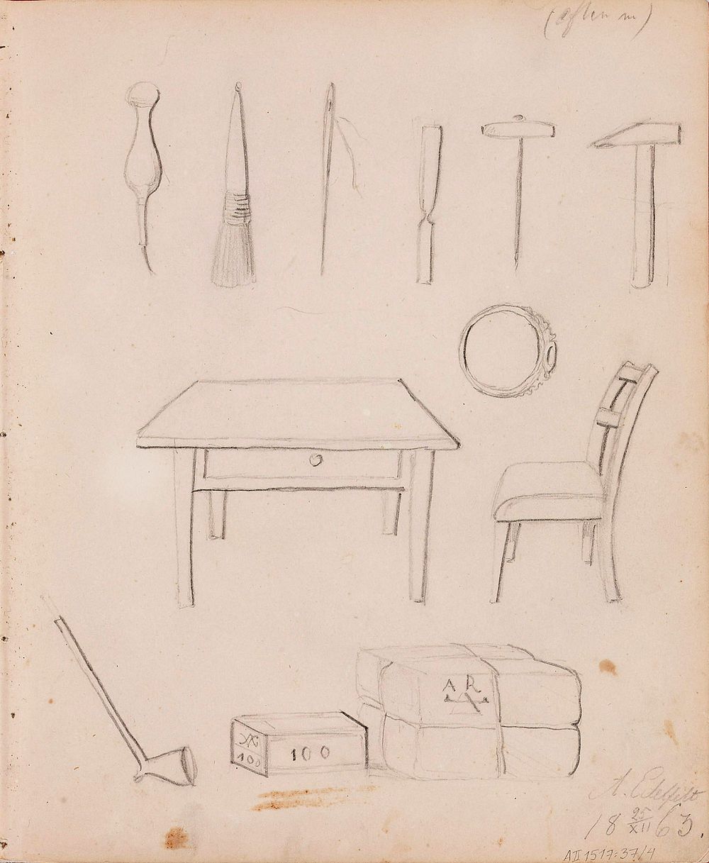 Ty&ouml;kaluja ; sormus ; p&ouml;yt&auml; ja tuoli ; paketteja. merkitty: a. edelfelt / 18 25/xii 63., 1863 - 1866 part of a…