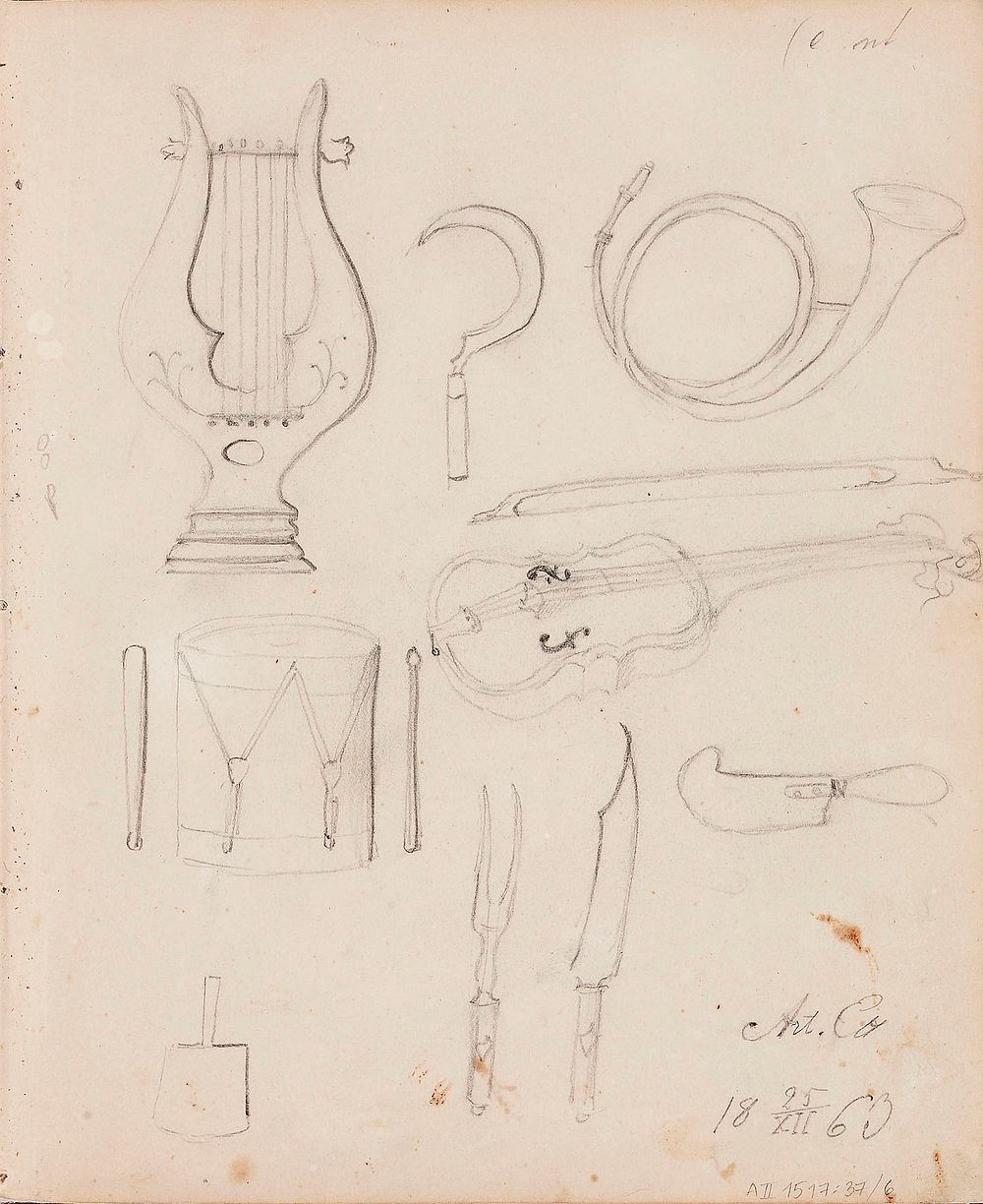 Lyyra, postitorvi, rumpu, viulu ; sirppi, paistihaarukka ja veitsi ym. merkitty: art.co / 18 25/xii 63, 1863 - 1866 part of…