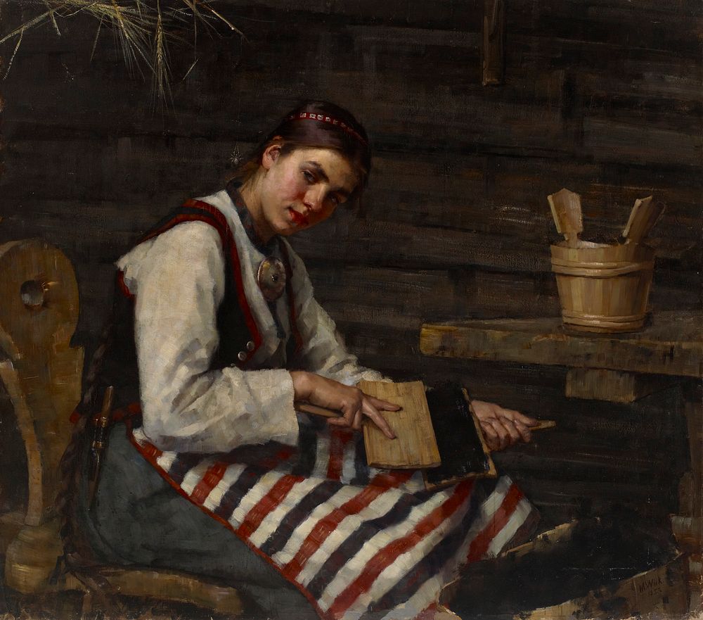 Girl carding, 1883 by Maria Catharina Wiik