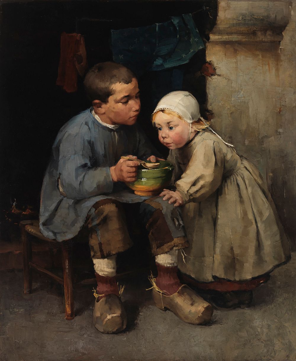 A boy feeding his little sister, 1881 by Helene Schjerfbeck