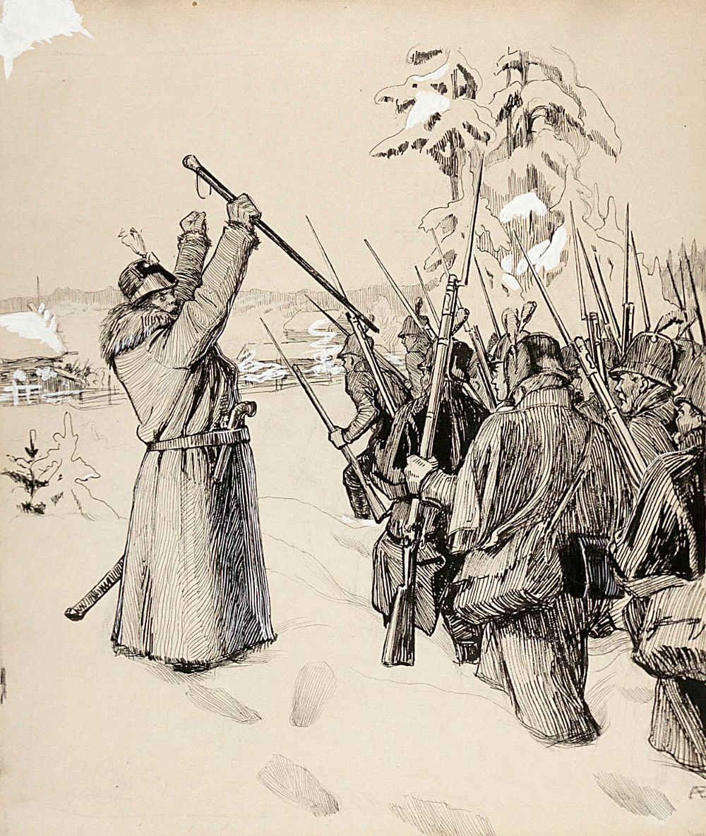 "jos en jaksa ma astuskella, pojat hoi, mua kannelkaa!". originaalipiirustus vänrikki stoolin tarinain kuvitukseen, 1897 -…