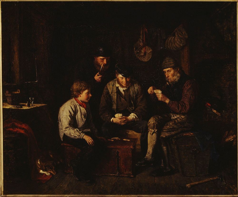 Åland sailors playing cards in a log cabin (the ace of clubs), 1871