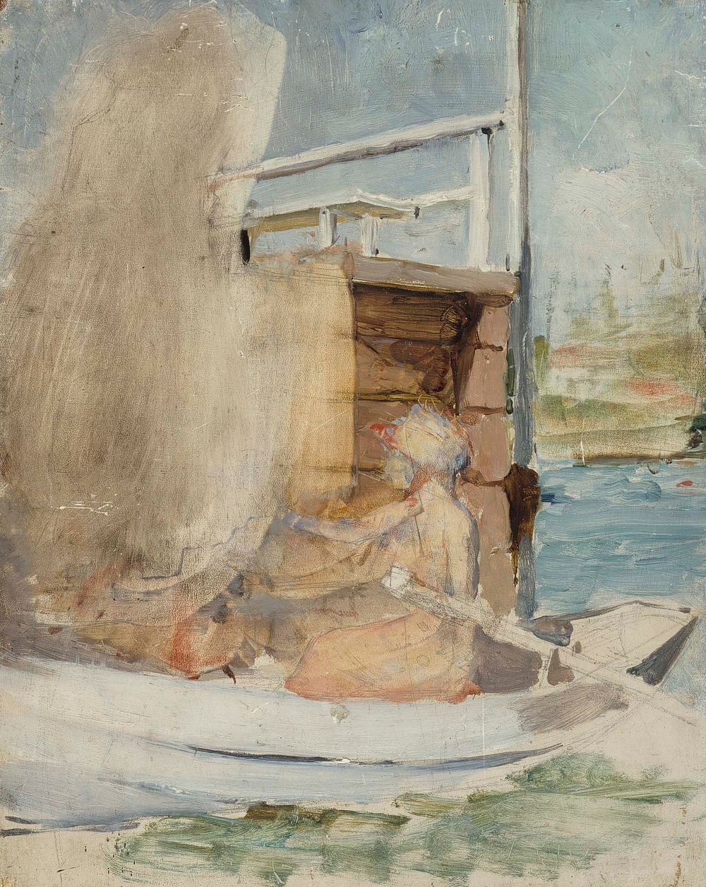Nainen veneessä laiturin luona by Albert Edelfelt