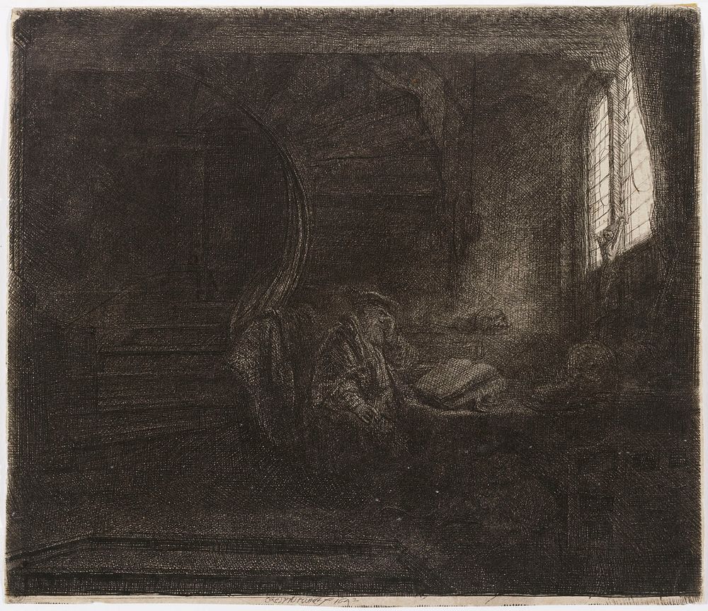 Saint jerome in a dark chamber, 1642, by Rembrandt van Rijn