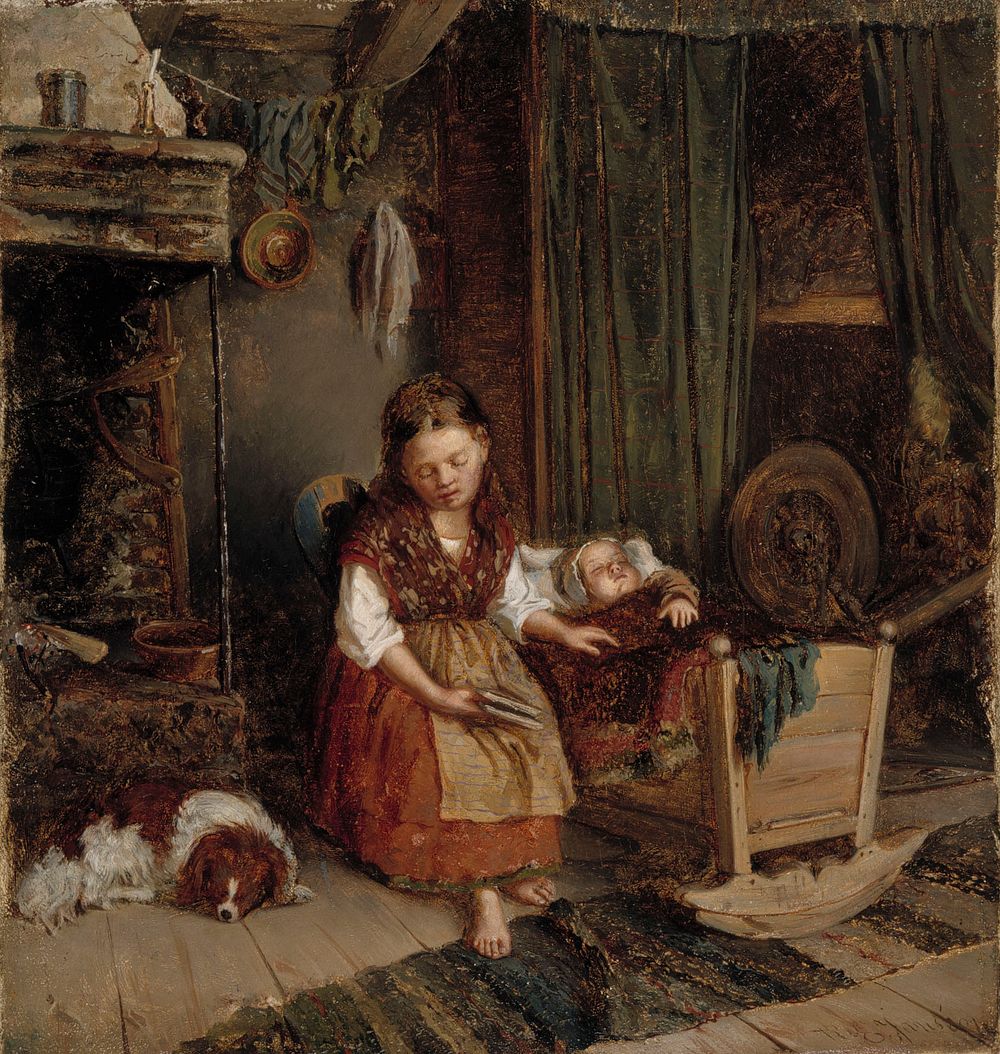 Tyttö kehdon ääressä, 1866, Karl Emanuel Jansson