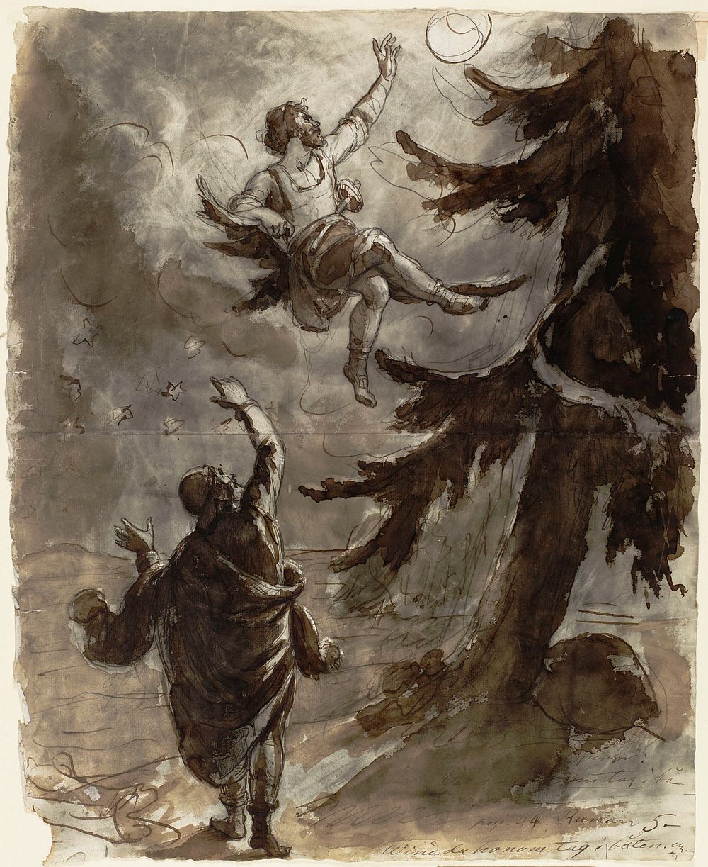 Väinämöinen sings spells. a male figure rises from the top of a spruce., by Robert Wilhelm Ekman