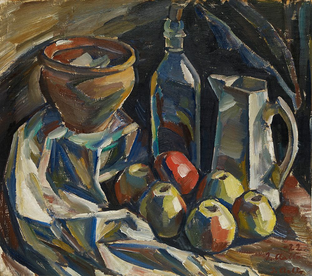 Still life with jug, pot, bottle and apples, 1922, Ilmari Aalto