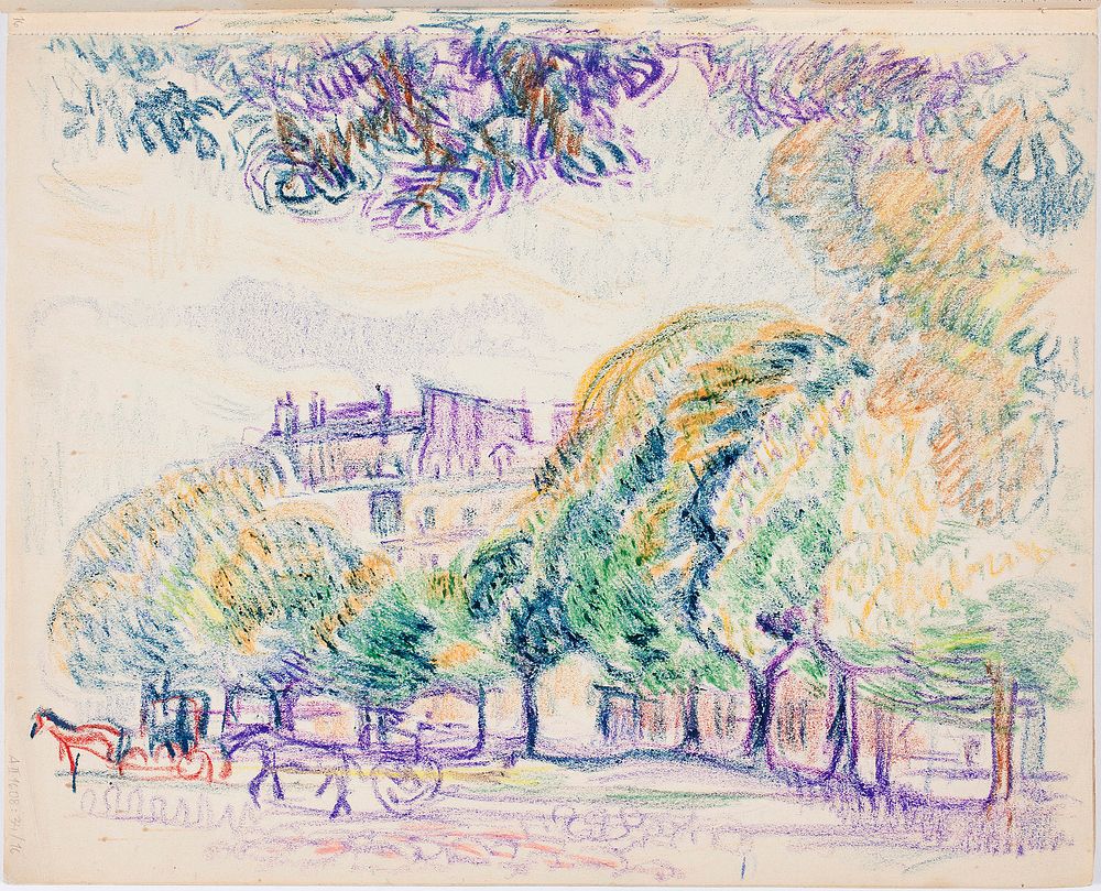 Kaupunkikuva, puistoa, ajureita, 1910 - 1911part of a sketchbook, by Magnus Enckell