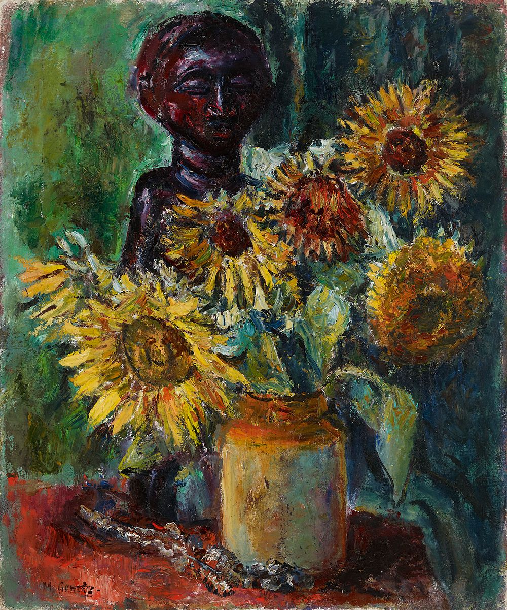 Sun flowers and a wooden sculpture, 1885 - 1943, Meri Genetz
