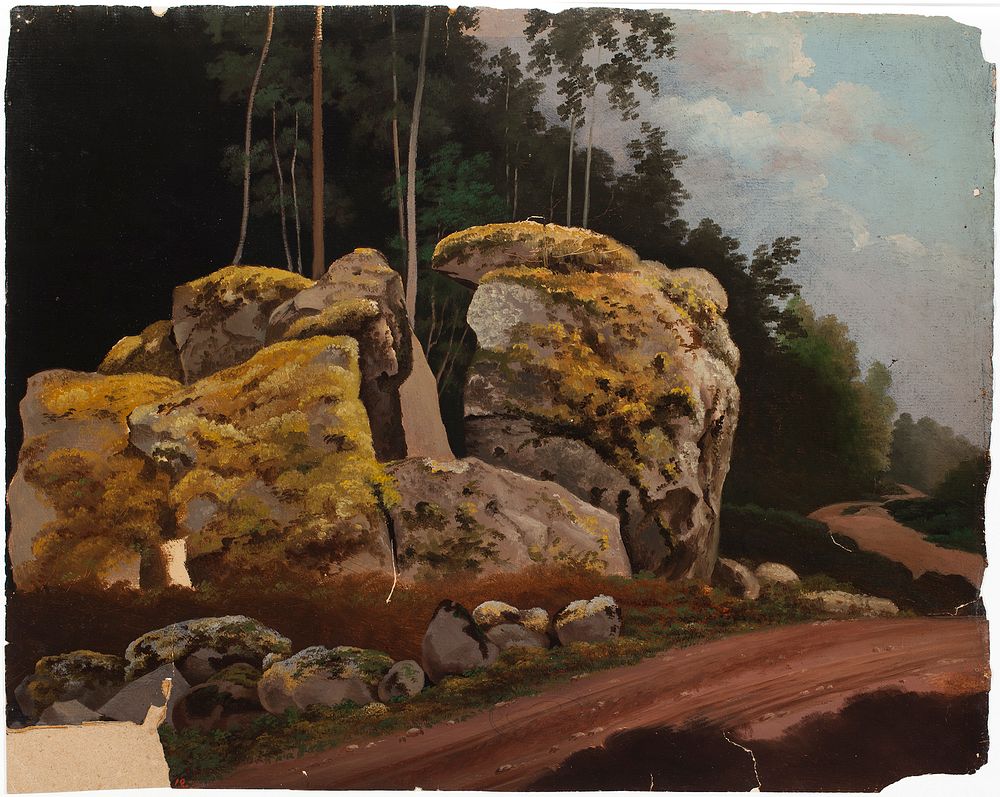 Landscape study, mossy rocks at roadside, Magnus von Wright