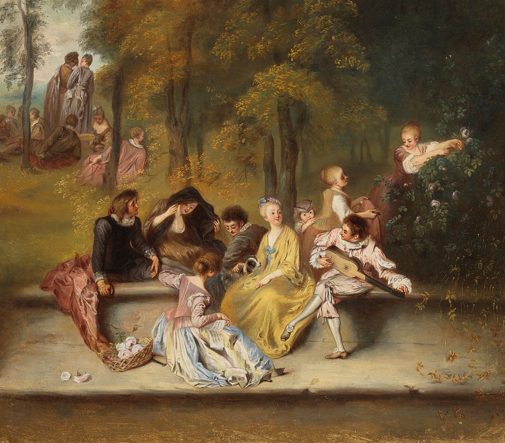 Gentlemen and ladies on the terrace, after antoine watteau, detail, 1865 - 1867, Ida Silfverberg