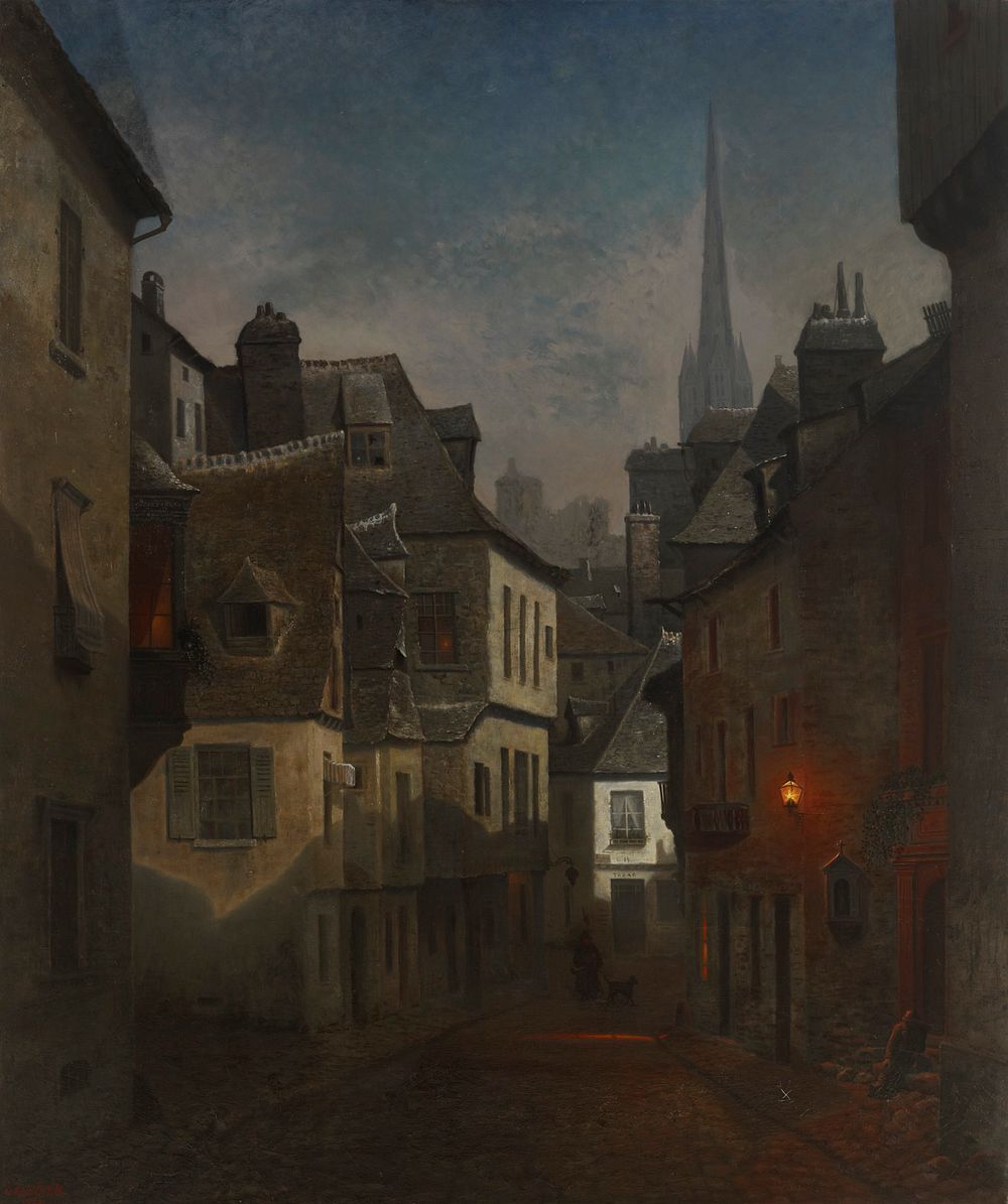 Street in quimper, brittany, nocturnal view, 1874, Oscar Kleineh