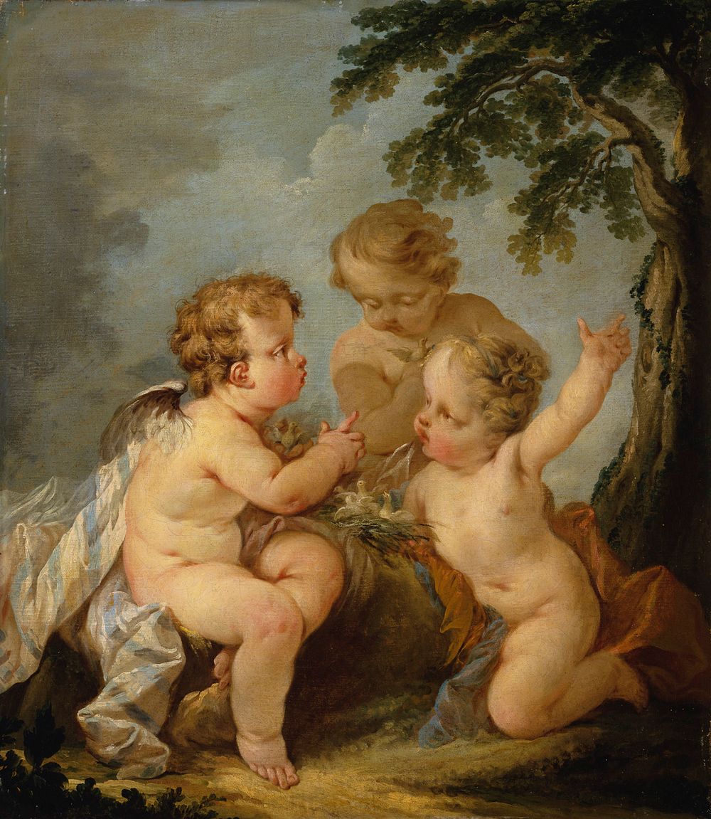 Three amorins playing with a bird's nest, 1747, Guillaume Taraval