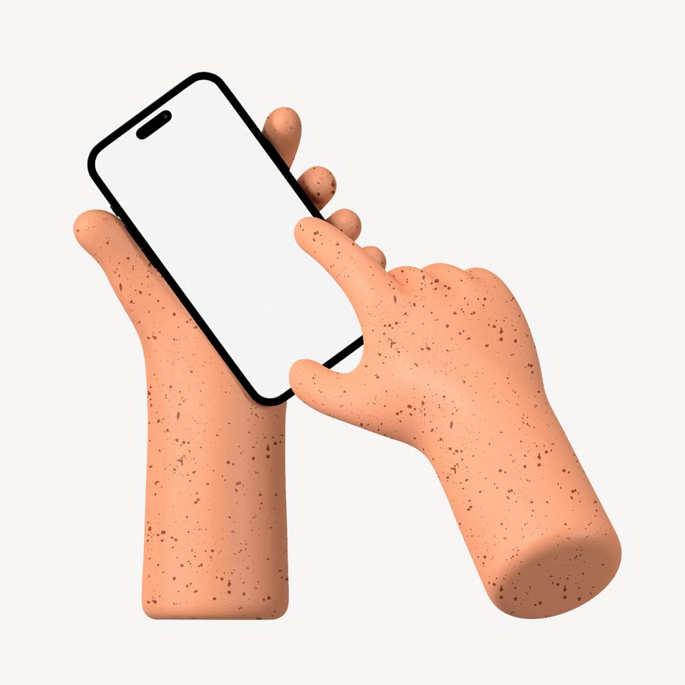 Freckled hands holding smartphone, 3D graphic