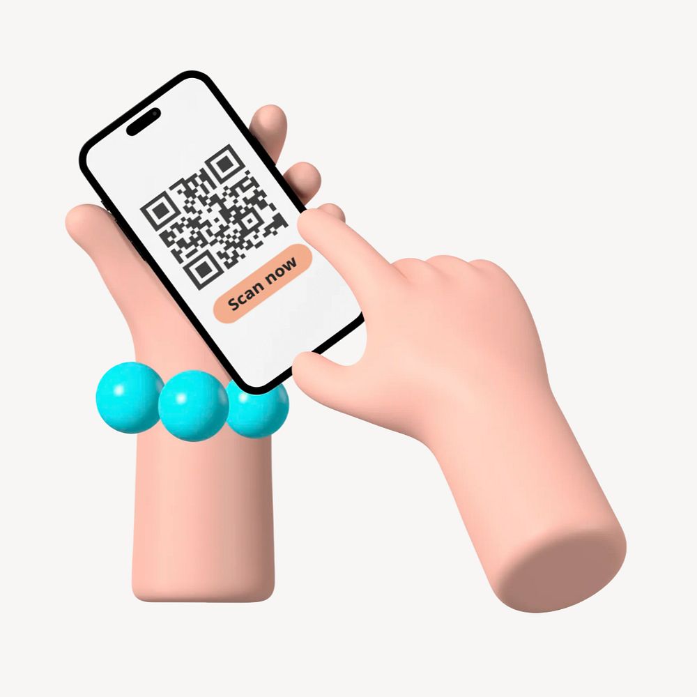 Hands scanning QR code smartphone, 3D graphic
