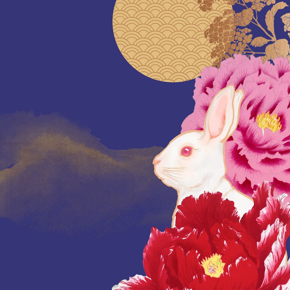 Rabbit Chinese zodiac background, blue floral design