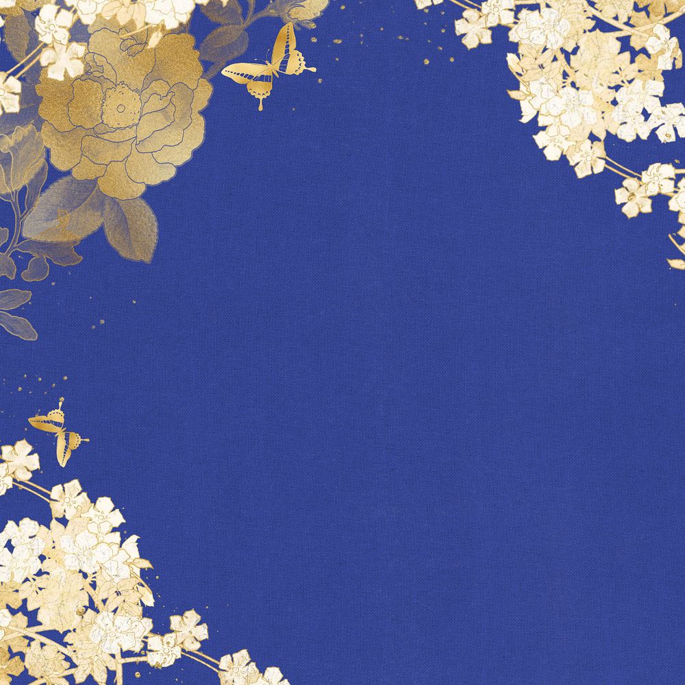 Blue background, gold flower border, remixed by rawpixel