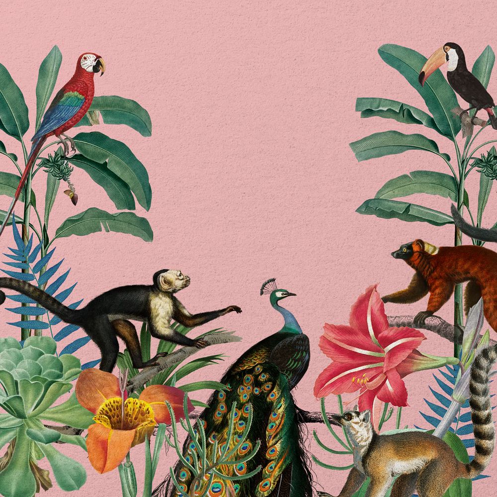 Vintage jungle animal background, wildlife border