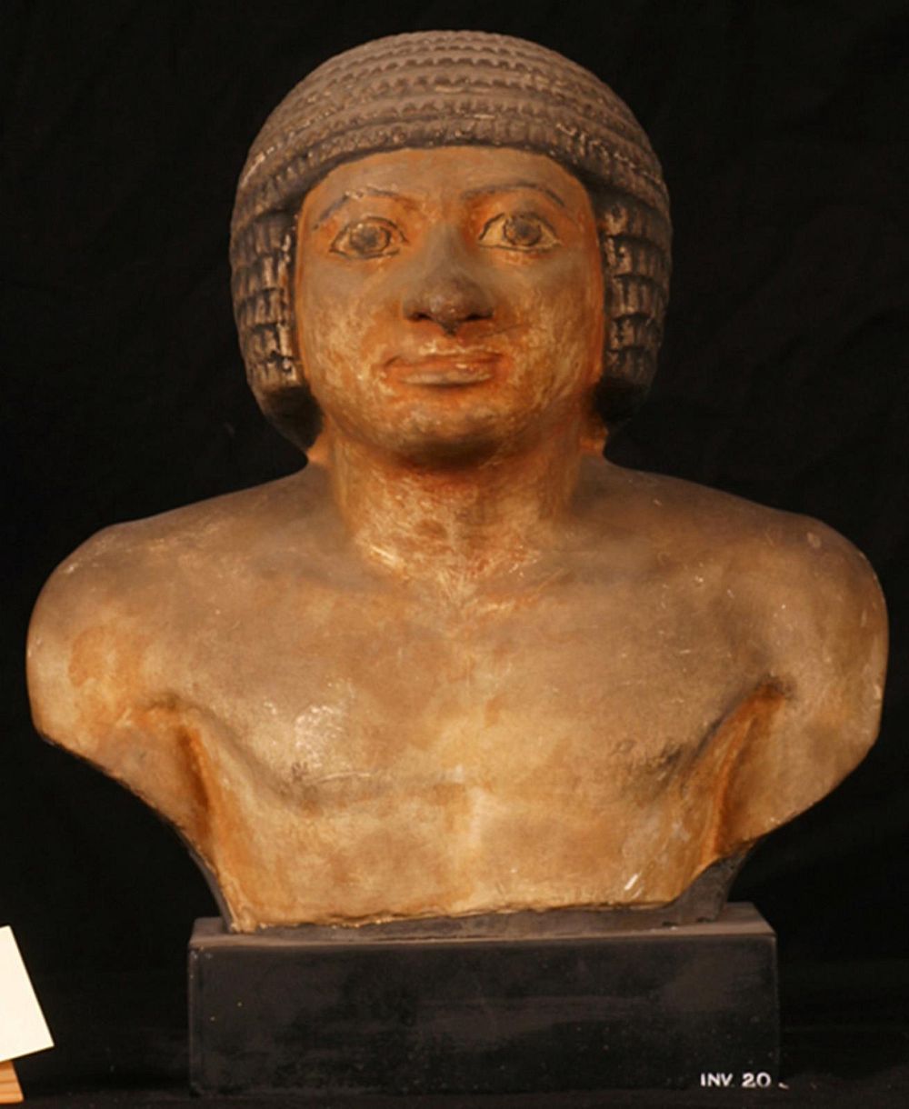 Torso of man with clean shaven face and wig