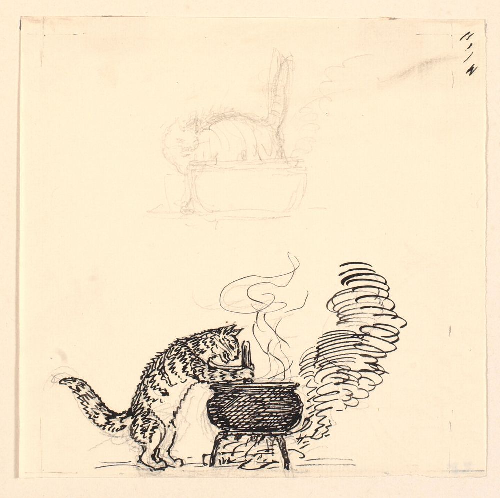 Illustration for "The fat cat" and sketch by Niels Skovgaard